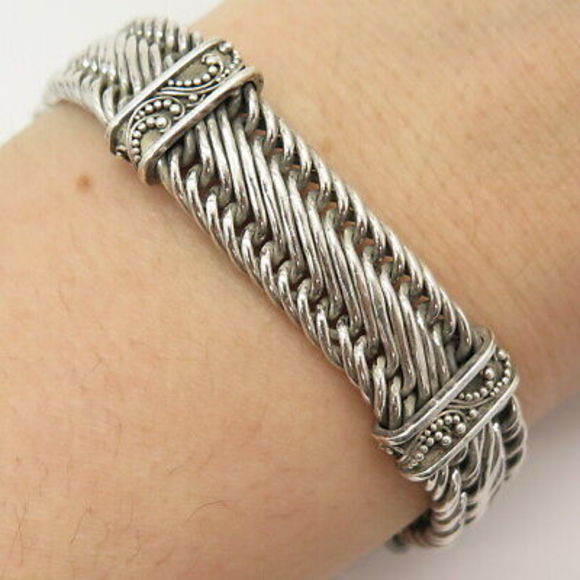 925 Sterling Silver Vintage Braided Ethnic Link Bracelet 6 3/4